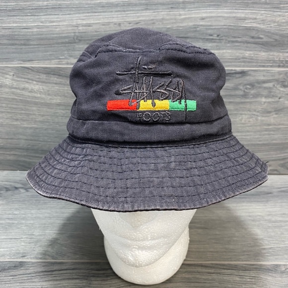 Stussy Roots Bucket Hat Black Vintage Made in USA sz L
